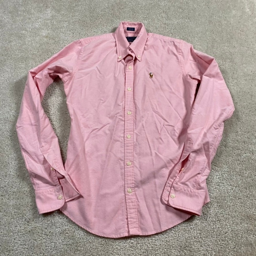 Polo Ralph Lauren Shirt Womens 0 Slim Fit Pink Oxford Button Down Pony Logo